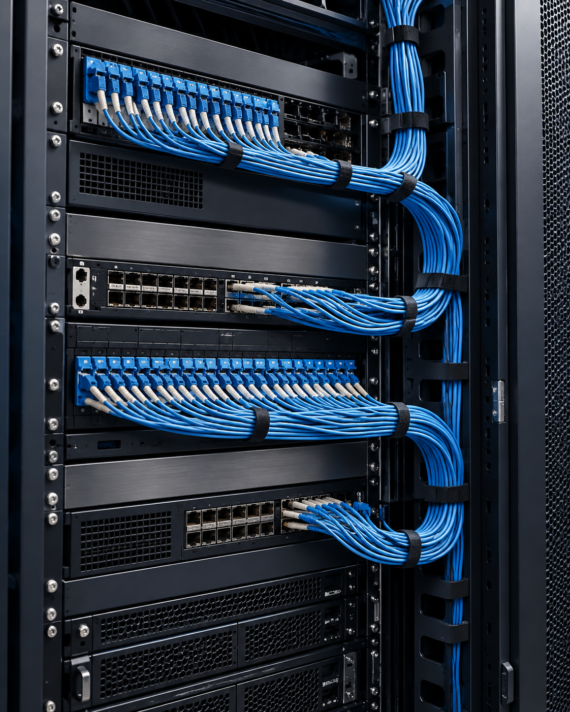 Ilustrasi infrastruktur jaringan dengan kabel fiber optik biru dan panel server
